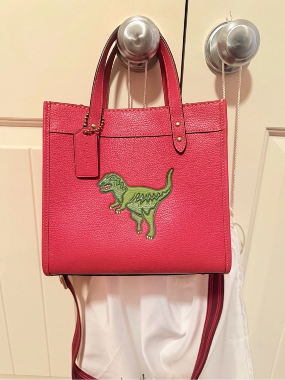 Coach Red Leather Tote with Green Dinosaur Applique